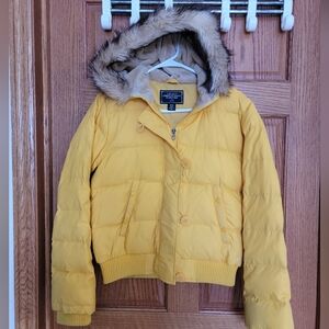 American Eagle Outfitters Women's Yellow Puffer Jacket with Fur Hood MEDIUM